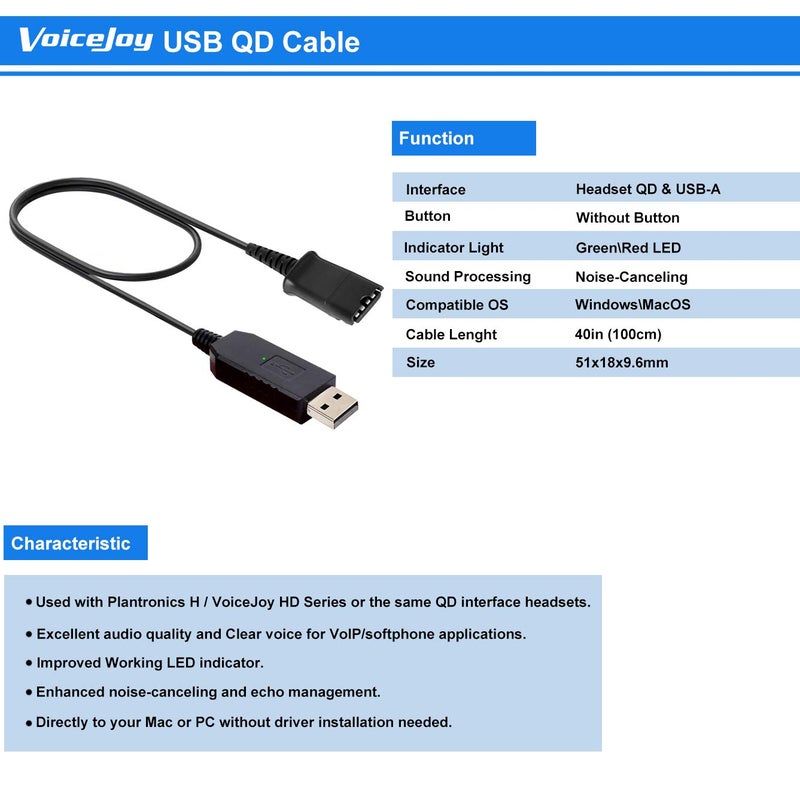 VoiceJoy Call Center Headset Quick Disconnect QD Cable to USB Plug Adapter for Plantronics QD Connector to Any Computer Laptop - Image 2